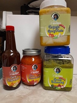 These are the jerk marinade and peppers sauce and curry and green seasonings